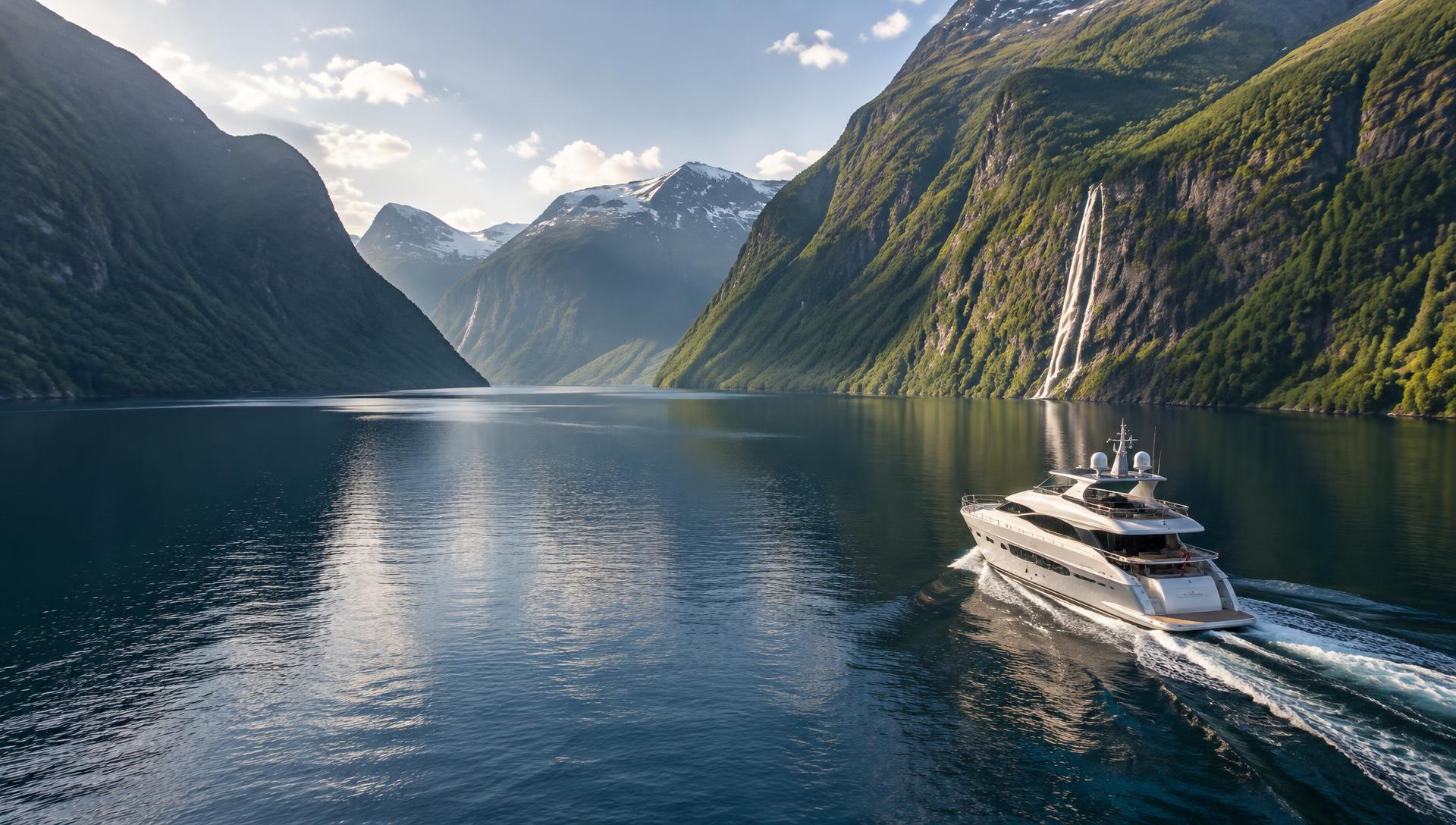 A luxury yacht exploring a Norwegian fjord — illustrative image